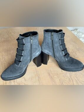 Aquatalia waterproof Gray Suede Black Block Heel Ankle Booties - tartan lined